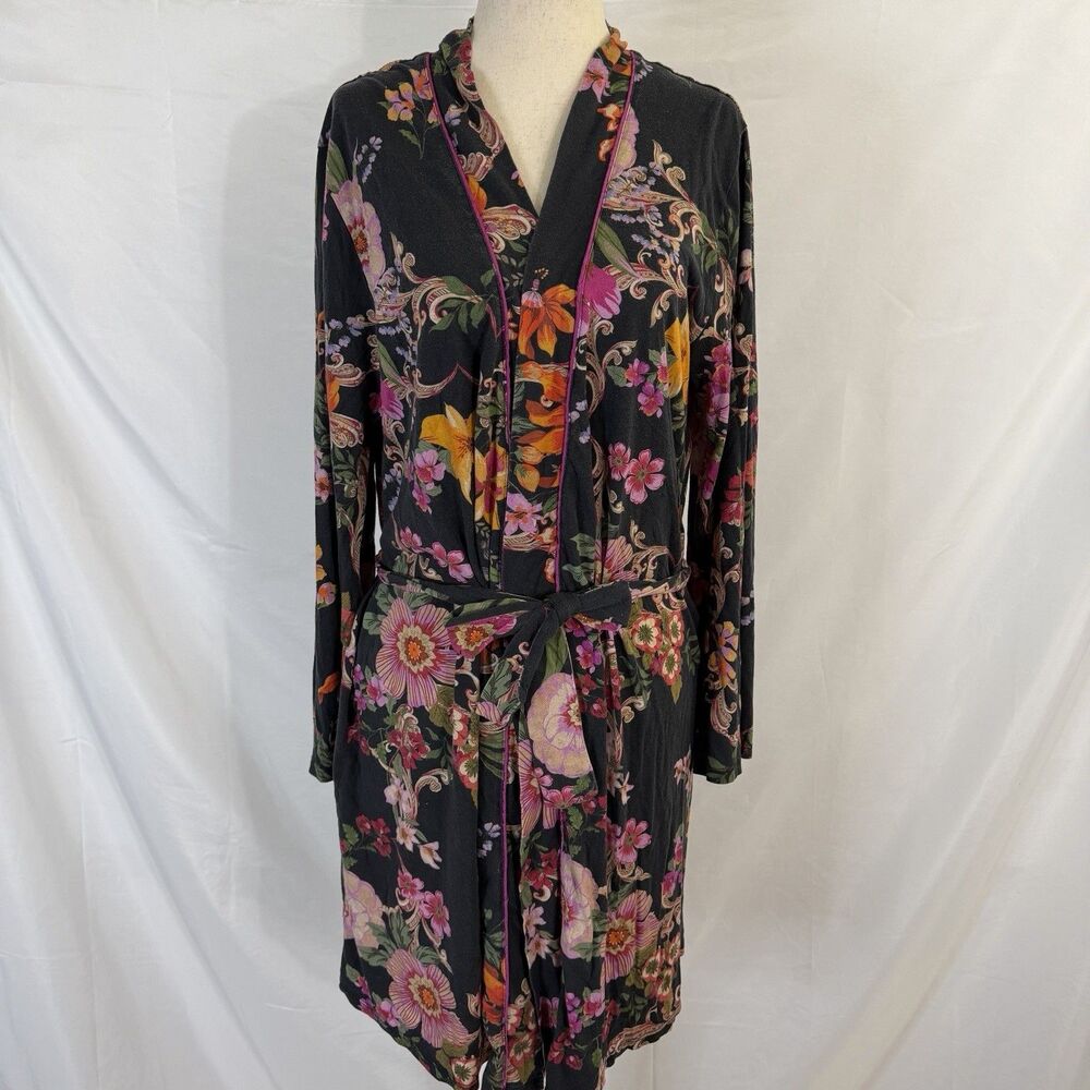 Johnny Was Pocca Floral Kimono Robe SMALL Black Pima Cotton Boho Duster